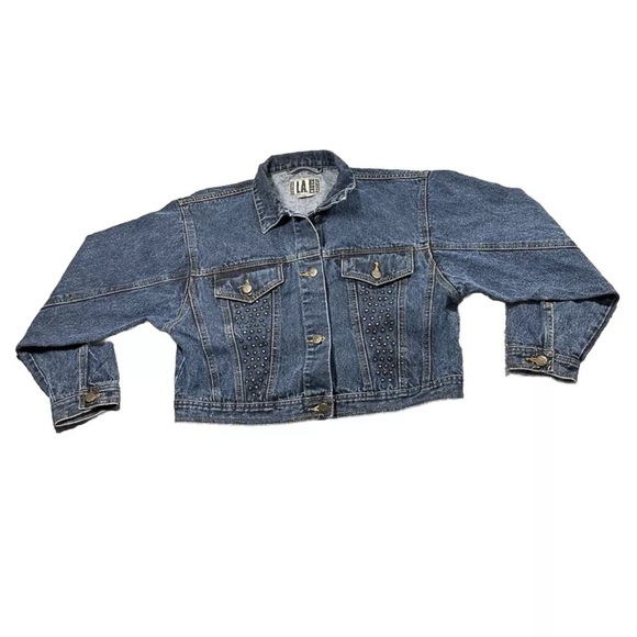 LA Blues Blue Denim Jacket Womens Sz Medium M Cropped Short - Spell Out On Back - Picture 1 of 15